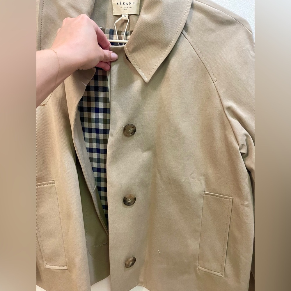 Sezane Bobby Jacket, Light Beige & Gingham, Oversized Cropped Trench, NWT Size 2 - Picture 10 of 16